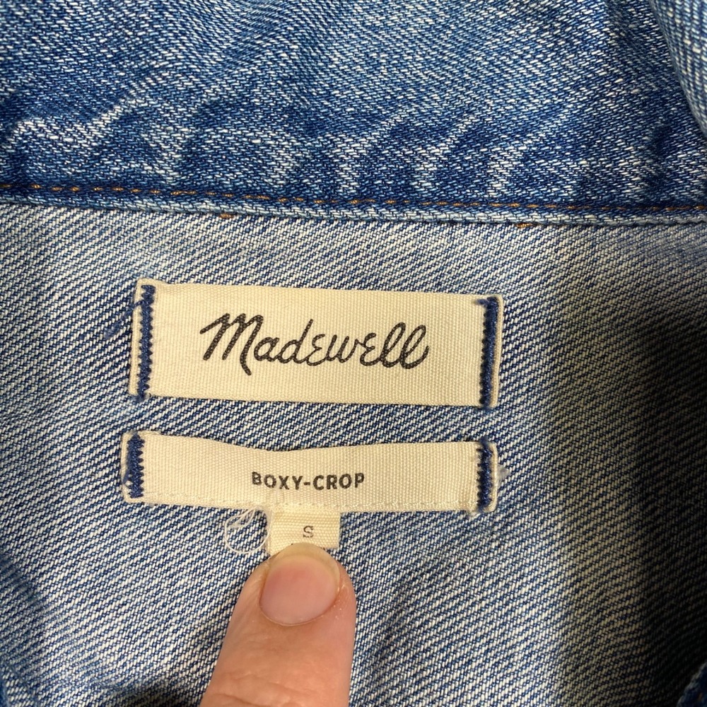 Madewell Boxy-Crop Denim Jacket Blue Paint Splatter Distressed Womens Small - Picture 5 of 7